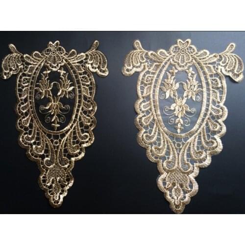 2PC Gold Embroidery Flower Lace Fabric Lace Patch Stickers Lace Collar Flower Clothes Accessories RS826