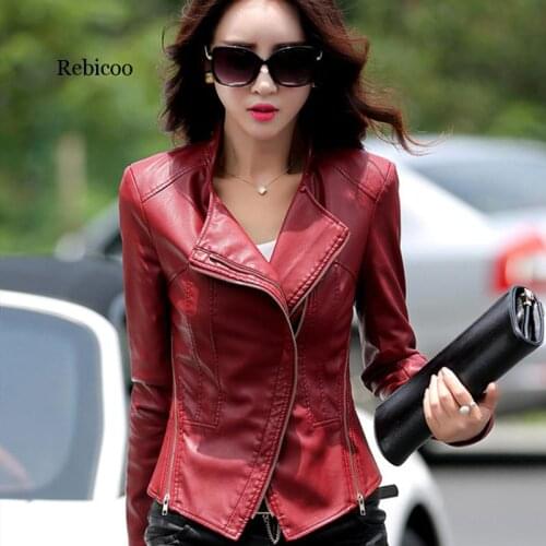 Autumn Faux Casual Red Oversized Leather Jacket Women Ladies Biker Moto Short Zipper Soft PU Leather Jackets Woman Fashion Coats