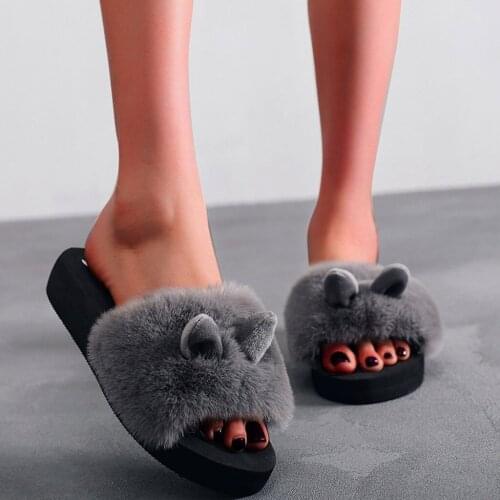 Fashion Indoor Rabbit Ear Home Slipper Women Shoes Slip-on Open Toe Flat Warm Winter Slipper Shoes For Woman Femme