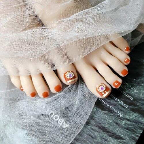Fake nails feet Sunflower Pumpkin Color Gold Diamond Toe Nail Stickers Finished acrylic nail products 24 Pcs With Glue TN
