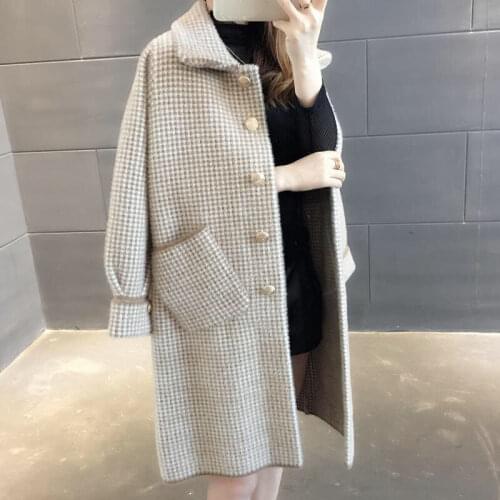 New Plaid Mink Cashmere Sweater Knitted Cardigan Womens Autumn and Winter Thick Coat Long Korean Loose Coat Cardigan Mujer L02