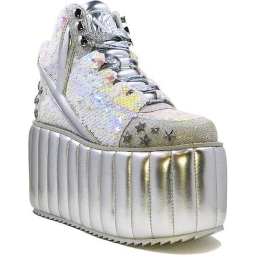 New Girls Retro 9 cm Height Increasing Thick Sole Platform Shoes Woman Lace Up Round Toe Sequins Stars High Top Sneakers Lady