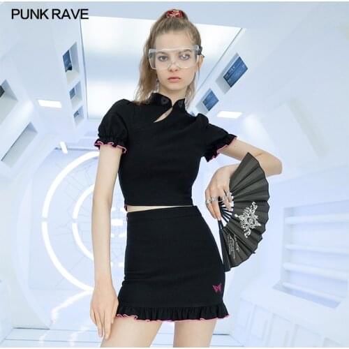 PUNKRAVE Womens Chinese Style Puff Sleeve Modified Cheongsam Collar Tops Punk Short Sleeve Stage Performance Casual T-shirt