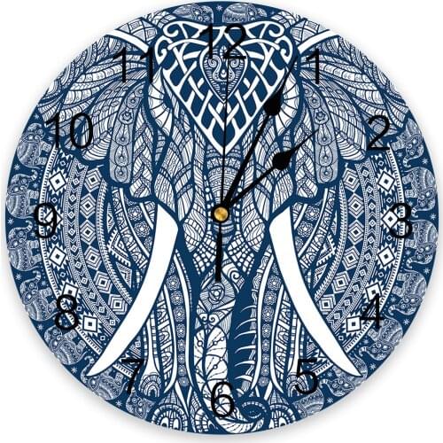 Mandala Pattern Elephant Blue Wall Clock For Modern Home Decoration Teen Room Living Room Needle Hanging Watch Table Clock