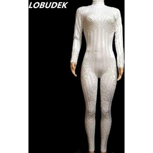 Stretch White Pearls Long Sleeve Leotard Jumpsuit Fashion Tights Women Singer Nightclub Stage Wear Birthday Party Show Costume