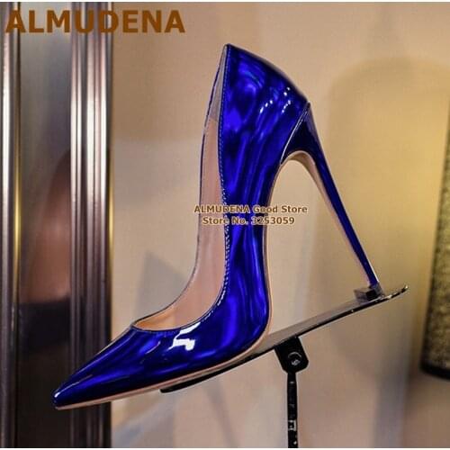 ALMUDENA Classic Pink Hologram Iridescent High Heels Mirror Patent Leather 12cm 10cm 8cm Wedding Shoes Pointed Toe Slip-on Pumps