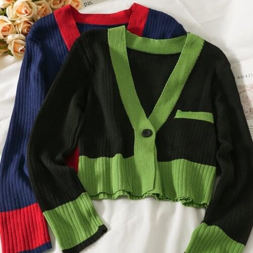 Knitted Cardigan Women A straight Sweater Woman Long-Sleeve V Neck Loose Top Casual Colorblock Single-breasted Outwear