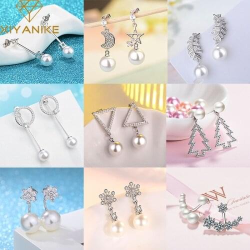 XIYANIKE 925 Sterling Silver Shiny Variety Leaf Star Feather Pearl Earrings Female Sweet Charm Jewelry Engagement Party Gifts