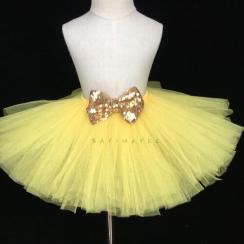 Cute Girls Yellow Tutu Skirt Girls Fluffy Tulle Pettiskirt Glitter Ballet Tutus with Gold Sequin Bow Kids Party Costume Skirts