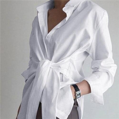 2021 Fashion Blouses Womens Long Sleeve Lapel Casual Loose Shirts Spring Solid Color Bandage Clothes Elegant Lady Tops