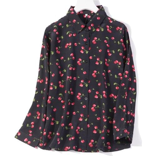 Women Summer Silk Blouse Long sleeve office wear casual natural silk blouses floral Cherry print real silk shirt tops