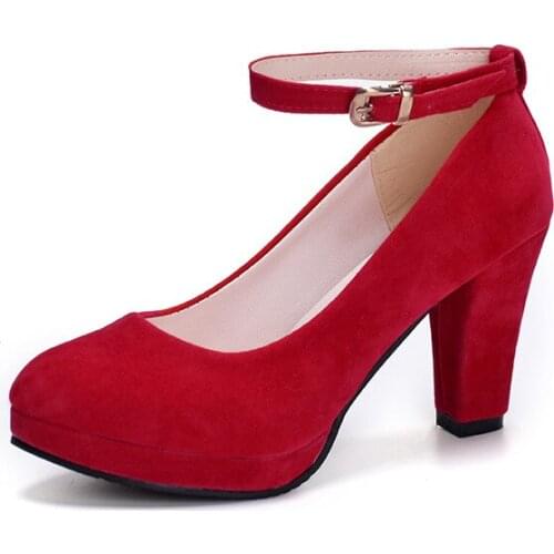 Autumn High Heels Women Pumps Platform Suede Shoes Women Ankle Strap Thick Heeled Ladies Shoes Comfortable Working Shoes