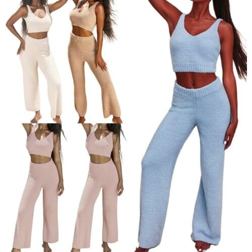Women 2 Piece Fuzzy Plush Warm Outfits Set Sleeveless Sexy V-Neck Cropped Tank Top High Waist Long Pants Solid Color Home Lounge