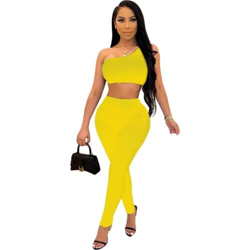 Women Fitness 2 Piece Matching Set One Shoulder Sleeveless Tank Crop Top and Stretchy Pencil Legging Club Outfit Birthday Club