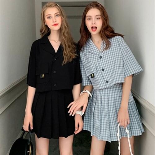 2019 Summer Cute Womens Besties Set; Short Sleeve Chest Pocket Shirt & Pleated Skirt 2pcs Set