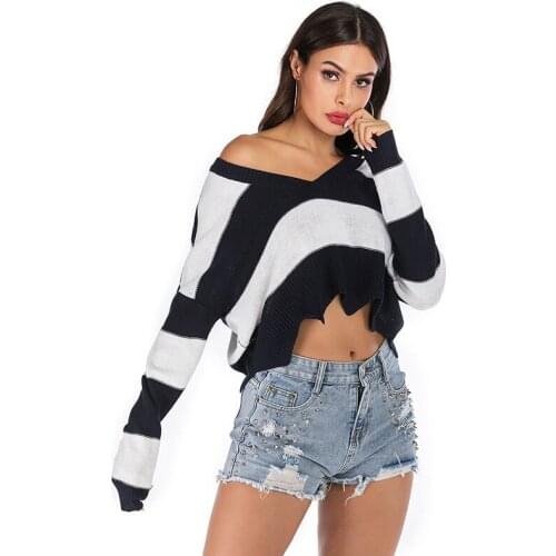 Sexy Goth Loose Short-length Women Sweaters Lady Deep V Neck Striped Contrast Color Batwing Long-sleeve Sweaters Navy Wine Red