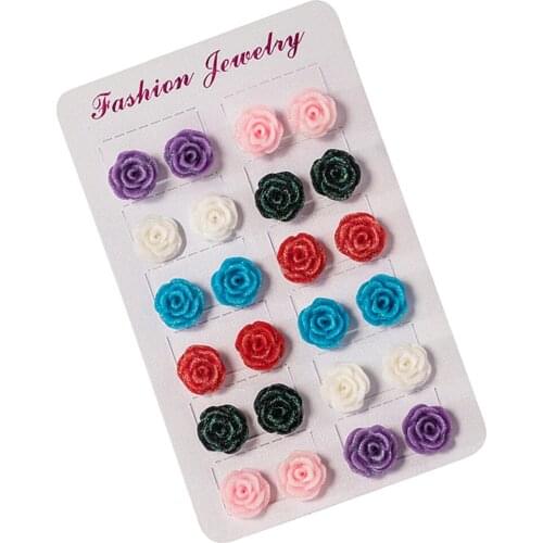 12 Pairs Women Girls Assorted Multiple Post Stud Earring Sets, Rose Flower