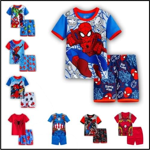 2020 New Baby Boy Pajamas Shorts Set Soft Cotton Sleepwear Marvel Avengers Spiderman Ironman Cartoon Cool Children Clothes Set