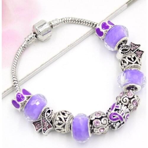 6pcs/lot DIY European Style Purple Ribbon Bead Pancreatic Cancer Awareness Bracelet Gift Bracelets for Women Jewelry