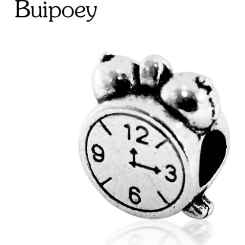 Buipoey Fashion Silver Color Alarm Clock Shape Beaded Charm Fit Original Brands Bracelet Necklace Family Women Jewelry Gift