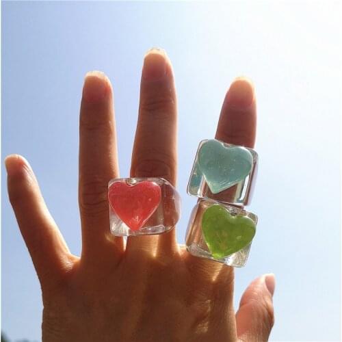 2021 Korea Harajuku Vintage Pink Blue Green Love Transparent Resin Acrylic Square Rings For Women Egirl Y2K Aesthetic Jewelry