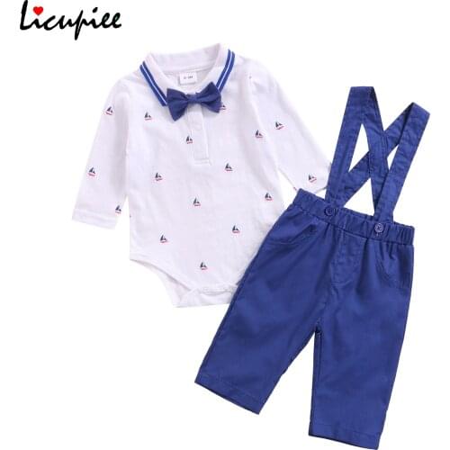 0-18 Months Babys Set Baby Boys Romper and Trousers Suit Cartoon Sailboat Print Jumpsuit and Solid Color Suspender Pants