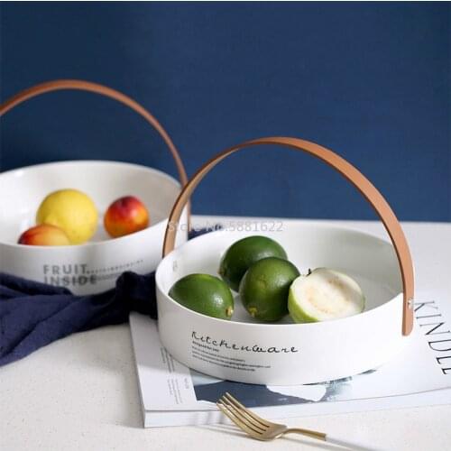 Leather Handle Disc Creative Minimalist Fruit Basket Salad Plate Kitchen Ceramic Tableware Simple Nordic Style