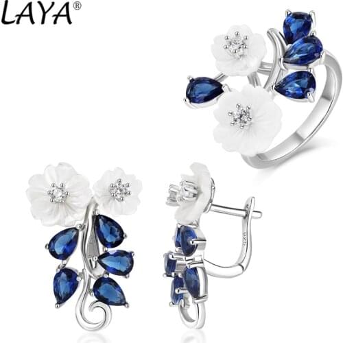 Laya 925 Sterling Silver High Quality Blue Zircon Natural Shell Flower Ring Clip Earrings For Women Fashion Jewelry 2021 Trend
