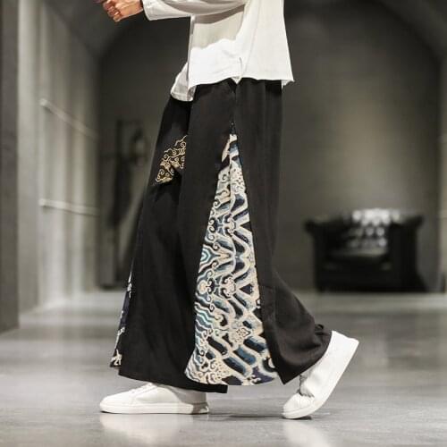 Chinese Style Fashion Patchwork Casual Pants Men Clothing Antique Hanfu Plus Size Wide Leg Pants Cotton Line Clothes Male