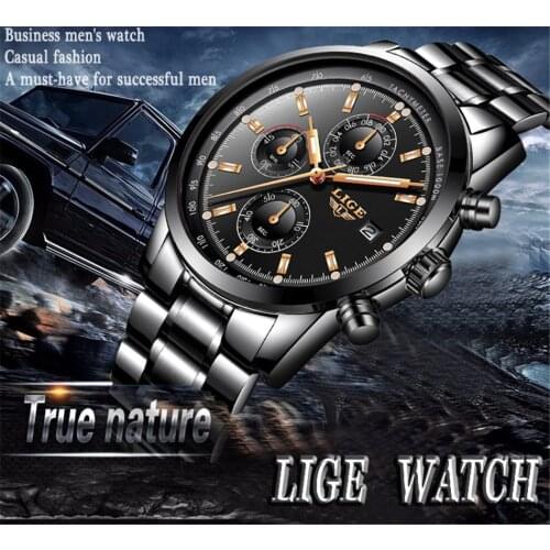 LIGE 9859 Mens Multifunctional Fashion Business Watch Casual Sports Waterproof Stainless Steel Quartz Wristwatches Male