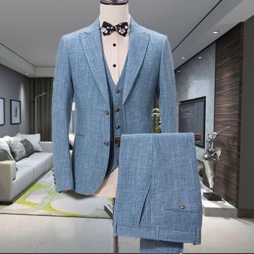 Mens Blue Linen Suit British Style 3 Piece Slim Fit Wedding Suits For Men Casual/Business Summer Beach Groom Best Man Blazer