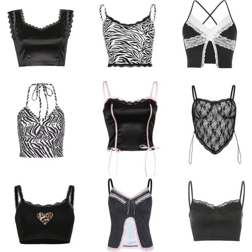 Soft Y2k Crop Tops E-Girl Spaghetti Strap Deep V With Lace Camis Tube Tops Chic Summer Ribbed Vest Backless 90s Blue Streetwear