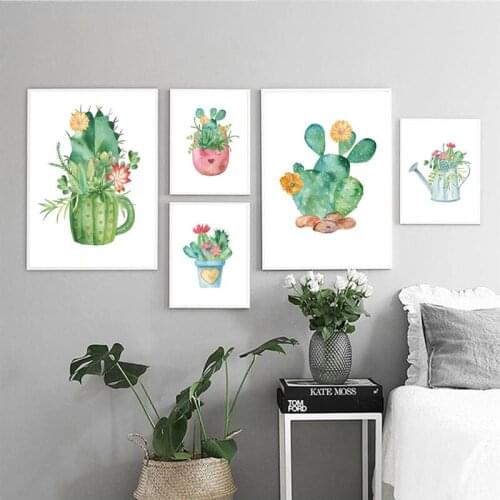 Watercolor Cactus Flower Wall Art Poster Green Succulent Potted Plants Canvas Painting Prints For Home Bedroom Girl Room Decor