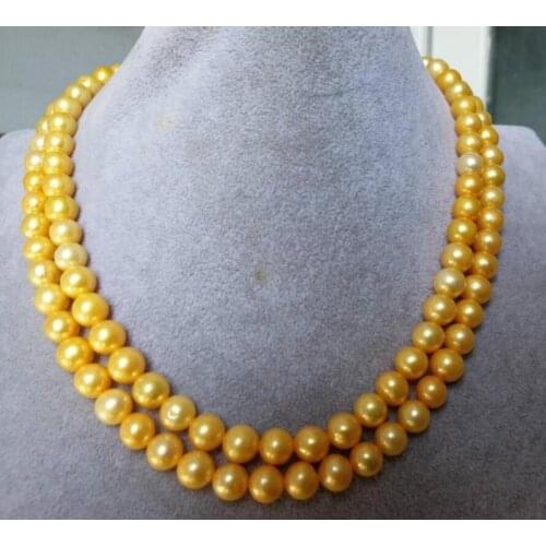 Fashion jewelry Free Shipping 8-9 mm round natural south sea gold pearl necklace 60 " 14 k gold