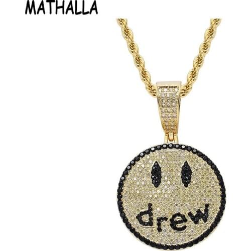 MATHALLA Hip Hop Necklace Letter Drew Smiley Face Pendant High-Quality Ice AAA Cubic Zircon Gold Silver Couple Necklace