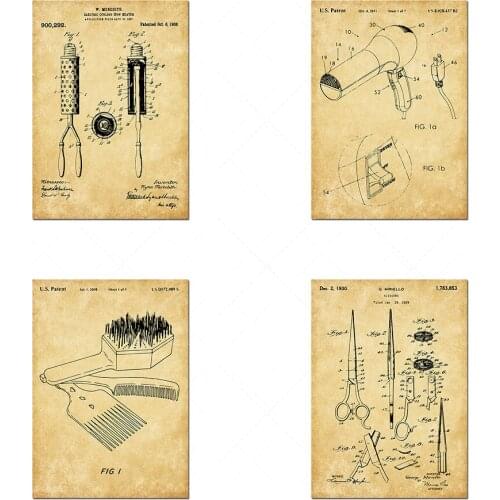Coiffeur Patent Set of 4, Curling Iron Patent, Scissors Poster, Hair Dryer Art, Ladies Hair Brush, Beauty Gift