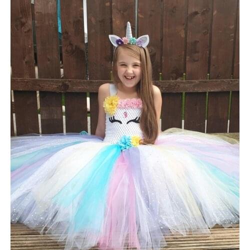 Girls Unicorn Tutu Dress Kids Crochet Tulle Dress Ball Gown with Flower Hairbow Children Birthday Party Costume Cosplay Dresses