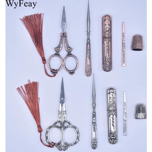 Retro Vintage Scissors Set Awl+Threader+Thimble Cutting Embroidery Needlework Tools Tailor Scissors Sewing Shears Thread Cutting