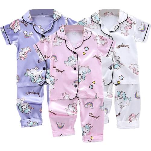 Baby Silk Pajamas Kids Pyjamas Toddler Girls Boys Leopard Clothes Set Unicorn Sleepwear Short Sleeve Blouse Tops Pants Nightgown