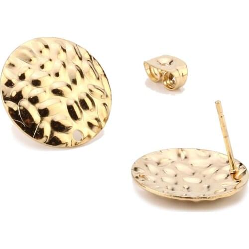 Stainless Steel Gold 16mm Round Heart Square Stud Earring Post Blank Hammered Surface Ear Base with Loop for Hand Made Earrings