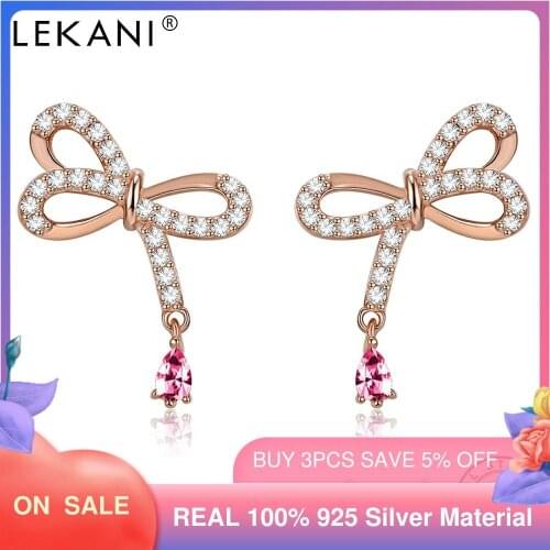 LEKANI 925 Sterling Silver Stud Earrings Bowknot Shaped Gigantic Love to Lovers Cubic Zirconia and Pink Crystal Pendant Earrings