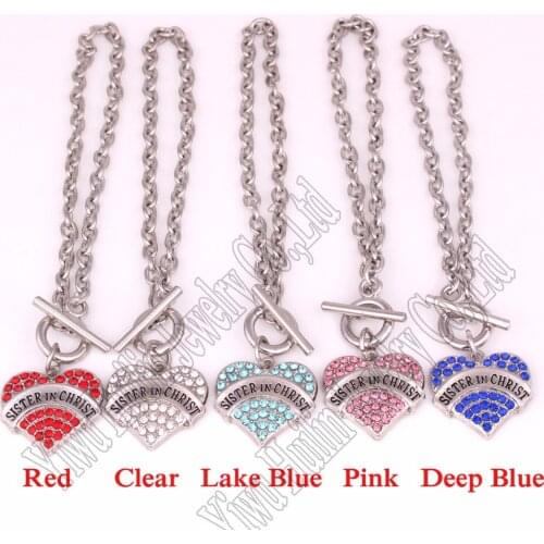 Sister In Christ Awareness Alert Pave Heart Toggle Charm Bracelet Crystal silver plated Hearts Metal OT Toggle Clasps Bracelets