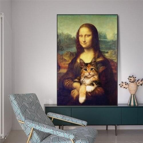 Funny Art Mona Lisa Holding the Cat Canvas Paintings On the Wall Art Posters And Prints Da Vinci Famous Art Pictures Cuadros