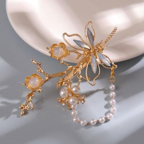 Dragonfly Hairpin with Pearl Tassel Cute Vintage Headdress Hanfu Clothing Accessories for Little Girls BN