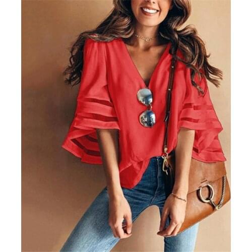 Womens Blouses V-Neck Flared Sleeves Mesh Patchwork Shirts Summer Plus Size Casual Loose Mesh Women Blouse Solid Red Tops 5XL