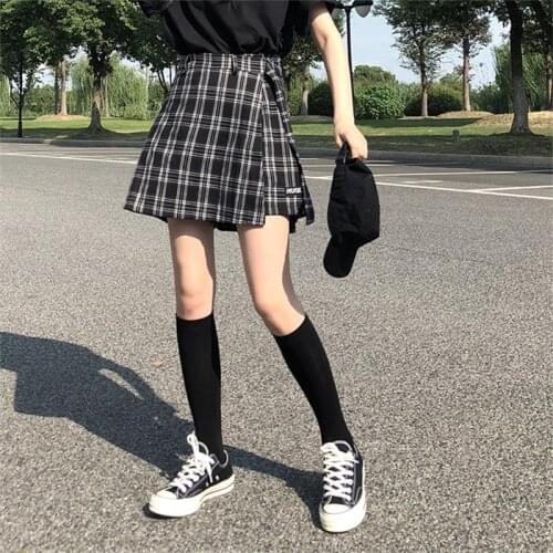 Womens Skirts Japanese Harajuku Ulzzang Plaid Irregular Buckle High Waist A-line Skirt Female Korean Kawaii Clothing For Women