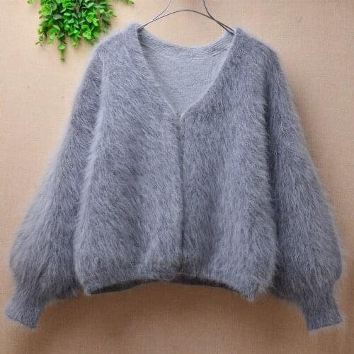 Ladies women hairy grey mink cashmere short style crop top long lantern sleeves loose cardigans v-neck angora fur jacket coat