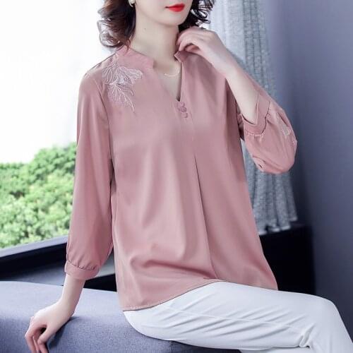 Spring Casual Pink Mulberry Silk Long Sleeve Shirts Summer Vintage Solid 4XL Plus Size Blouses 2021 Elegant Bodycon Tops Shirts