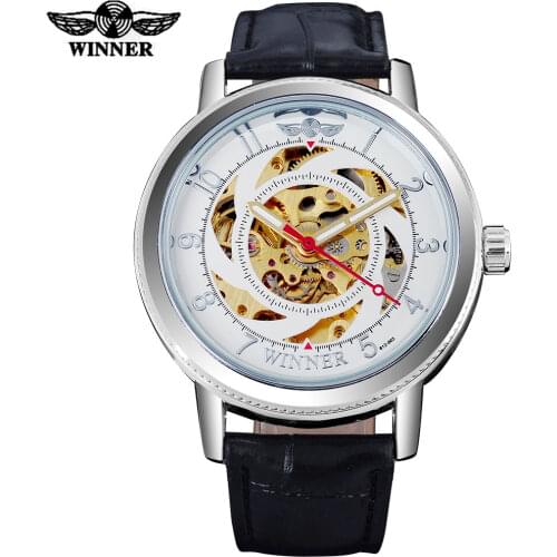 2016 WINNER famous brand men simple automatic self wind watches skeleton white dial transparent glass silver case leather band