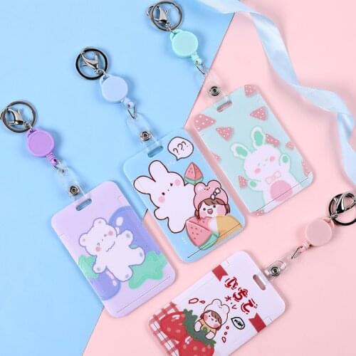 Plaid Bear Retractable Card Holder Keychain Fashion Name ID Badge Card Pass Cover Protection Kid Girl Cute Card Case Campus Gift